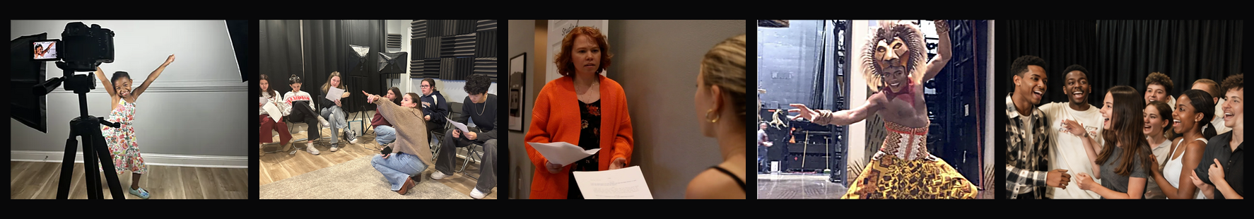 Studio 27 students training on camera, performing onstage and preparing for auditions